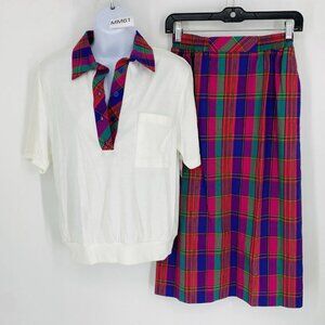 NOS Vintage Joyce Plaid Outfit Polo Shirt Collar Preppy 80's SM Kitty Foreman